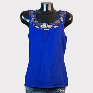 Cable & Gauge VINTAGE Womens L Sleeveless Knit Top Beaded Neckline Royal Blue
